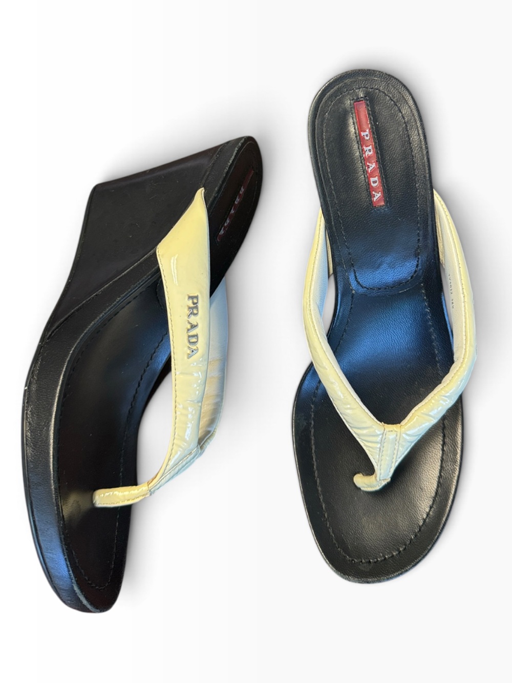 Vintage Prada Sport Patent Leather Logo Thong Wedge Sandals Ivory Y2K EU 38.5